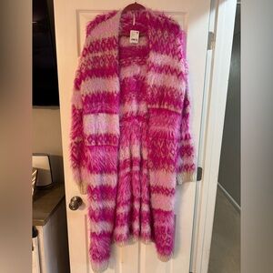 NWT Free People Hollywood Cardi - Vibrant Pink and Cream Fuzzy Sweater